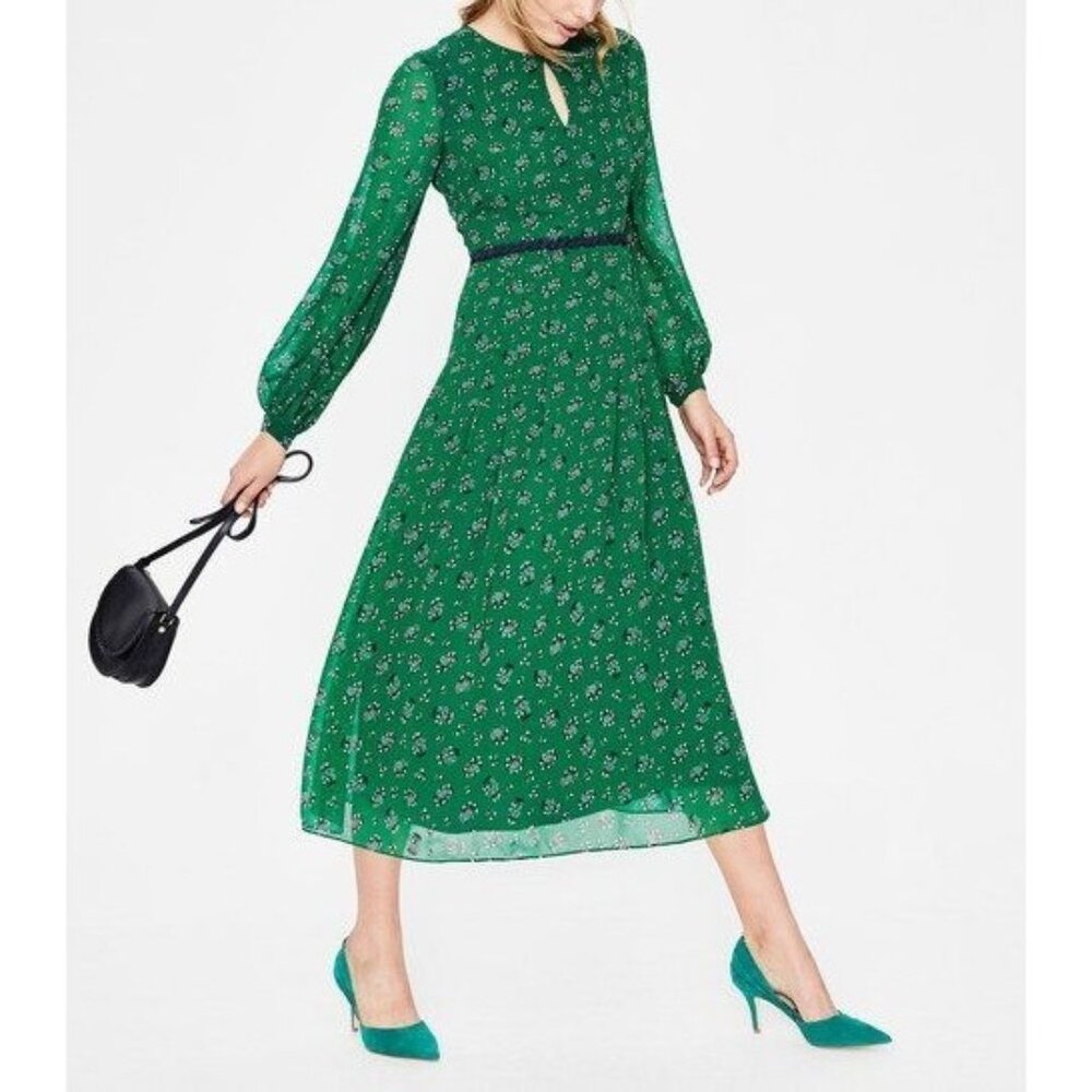 Boden Ada Midi Dress Green Floral With Puff Sleeves keyhole Neckline UK 6P US 2P